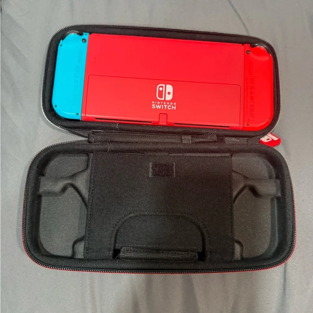 Nintendo Switch with Red and Blue Joy-Con and Case